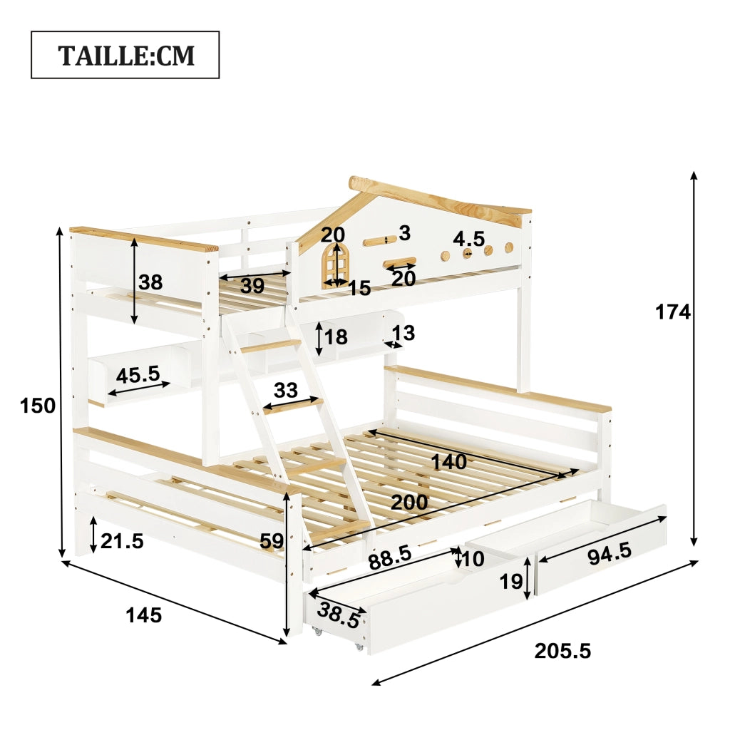 Letto a Castello Letto per Bambini 90x200 cm e 140x200 cm; 2 Cassetti; Mensole e Scala inclinata
