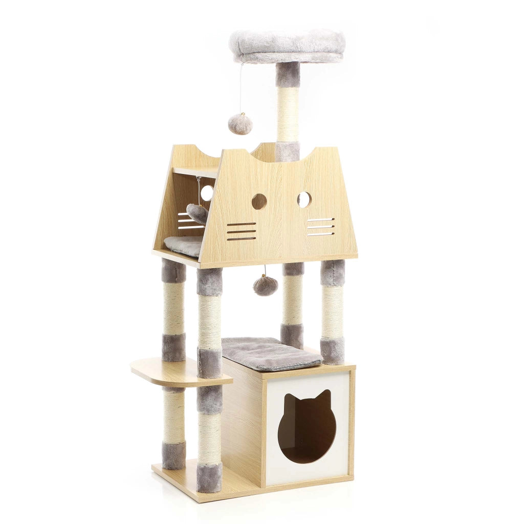 Fudajo Albero tiragraffi Legno grigio 126cm Con casetta per gatti, nicchia, colonne in sisal, cuccia