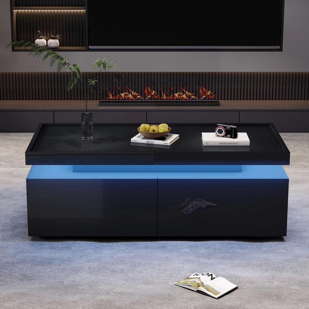 TAVOLINO DA CAFFÈ 95x45x35 cm Nero Lucido con LED e 2 Cassetti