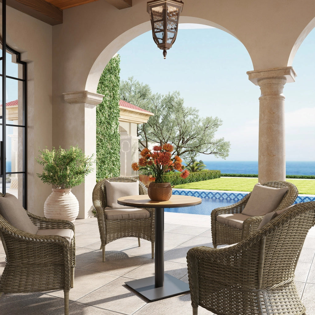 Tavolo da giardino da balcone rotondo impermeabile con piano a listelli in acciaio (? 70 x 74 cm H) e legno naturale.
