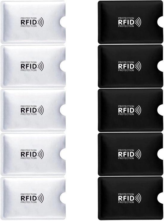 Blocco RFID 10 pezzi - Protezione NFC - Difesa contro la furto - Foglio di alluminio impermeabile - Argento/Nero - Sostenibile - Protezione delle carte di credito RFID