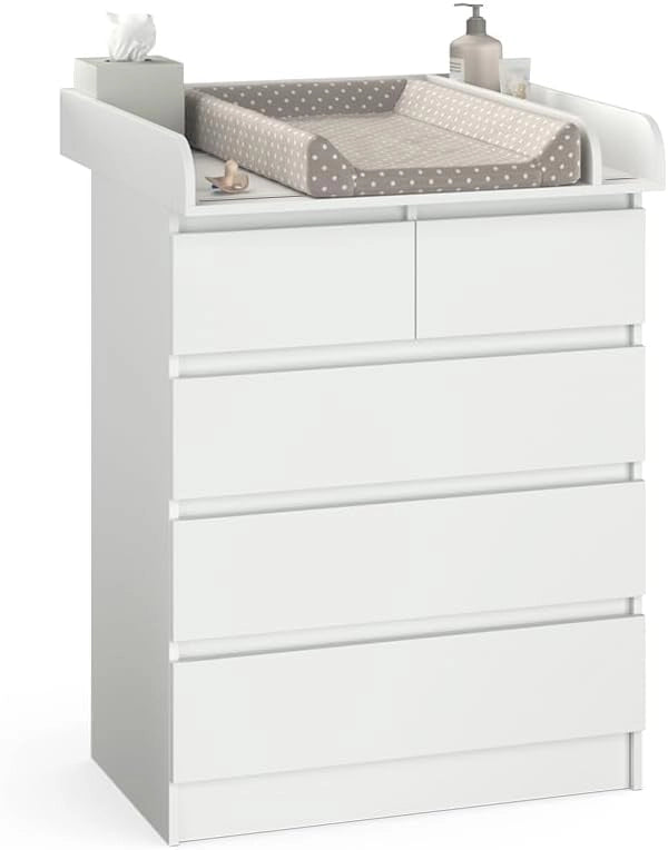 Fasciatoio Emma, Bianco, 80 x 110.2 cm con 5 cassetti, convertibile in una cassettiera tradizionale per un utilizzo versatile