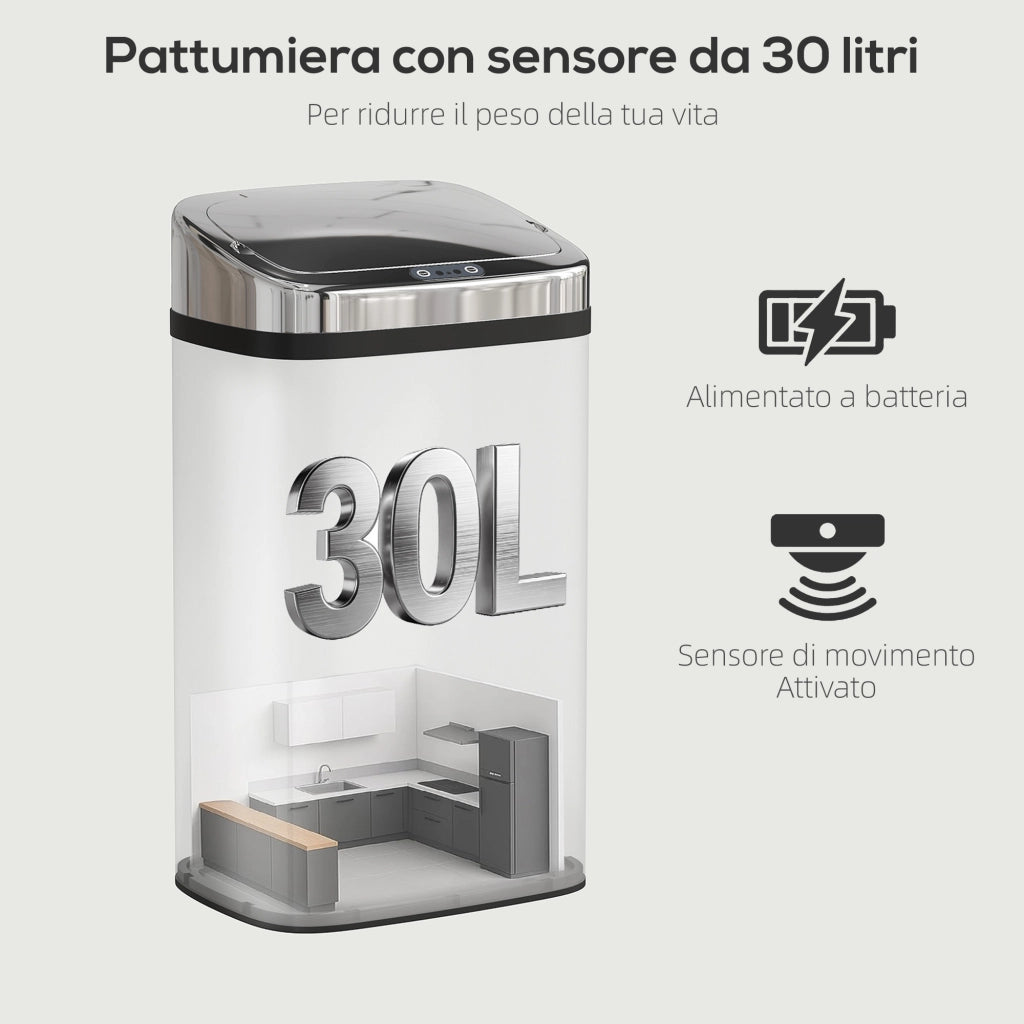Bidone per Rifiuti da 30L con Sensore per Apertura e Chiusura Automatica 33x25x57,5 cm in ABS PP e Acciaio Argento