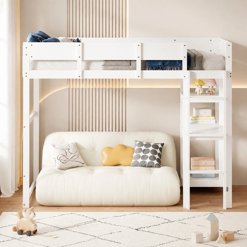 Letto a soppalco con ripiano 90 x 200 cm in legno massiccio di pino; bianco