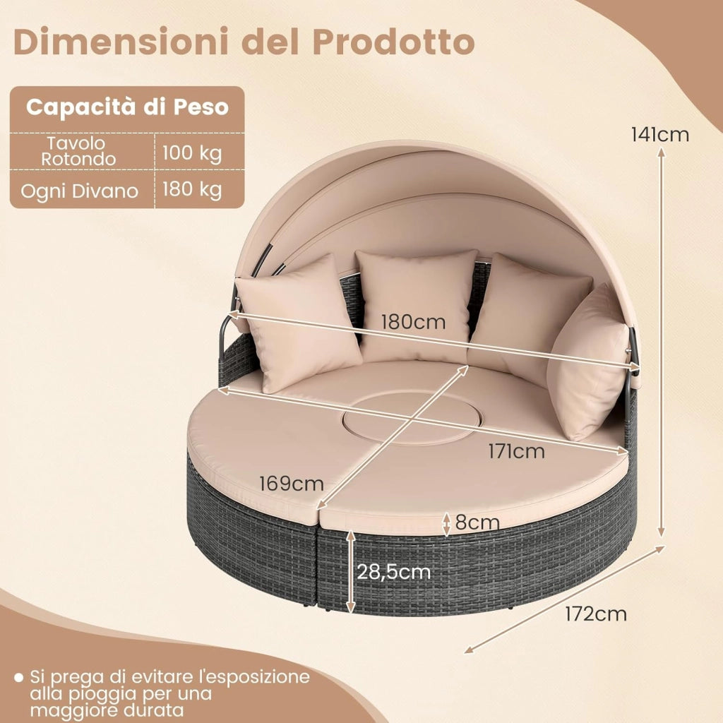 2 in 1 Isola Prendisole per 2 Persone da Giardino, Lettino Prendisole Rotondo in Rattan con Tettuccio Retrattile e Cuscini, Letto da Esterno per Relax e Festa, 172 x 180 x 141 cm (Beige)
