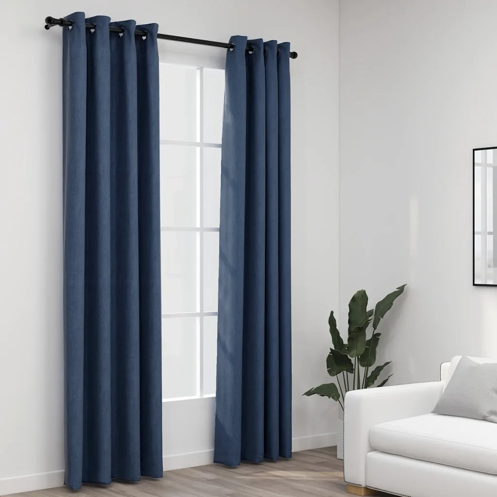 Tende Oscuranti | Tende Blackout Effetto Lino con Occhielli 2 pz Blu 140x245 cm