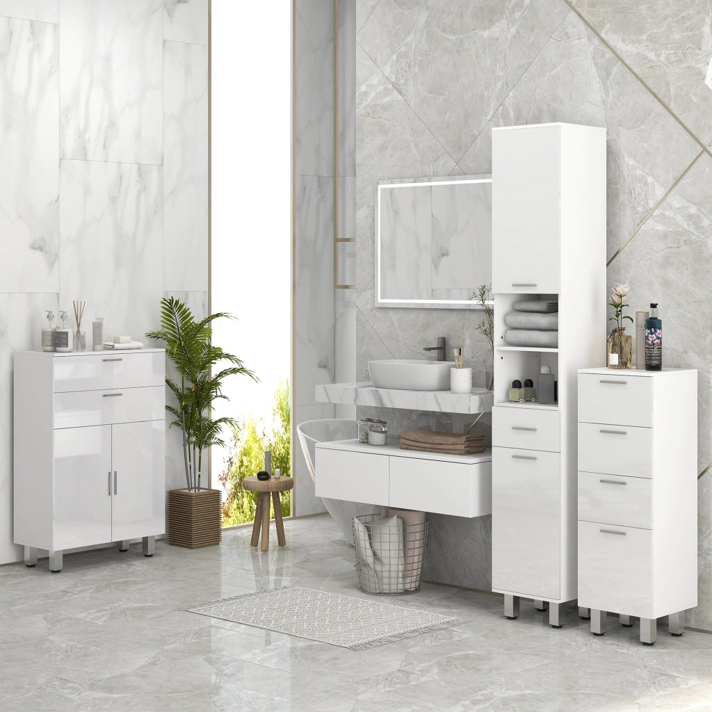 Mobile a Colonna Bagno 30x30x180 cm con Armadietti e Ripiani a Giorno Rivestimento in Melamina Bianco Lucido