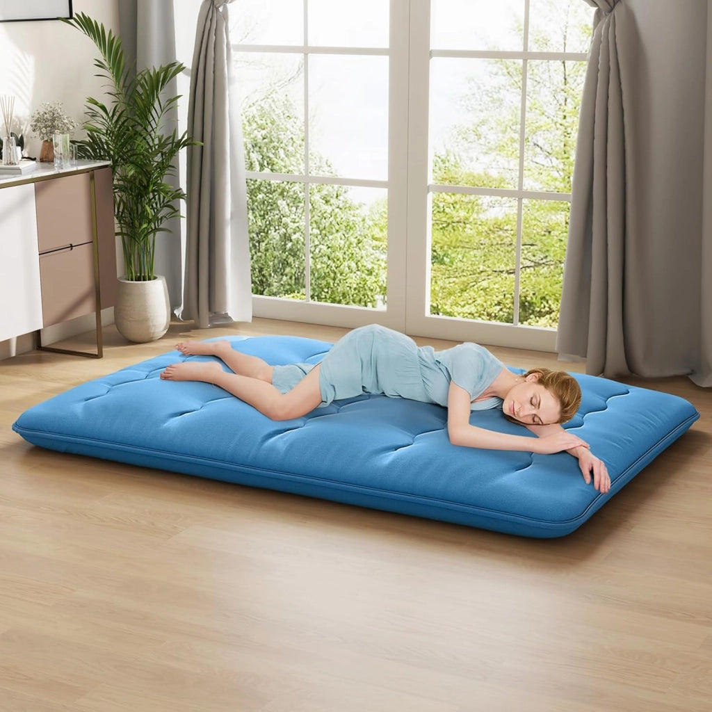 Futon - Materasso portatile giapponese 140 x 200 cm, imbottitura in cotone, materasso pieghevole per 2 persone, borsa per il trasporto, fodera lavabile, 2 fasciature, tatami pieghevole per