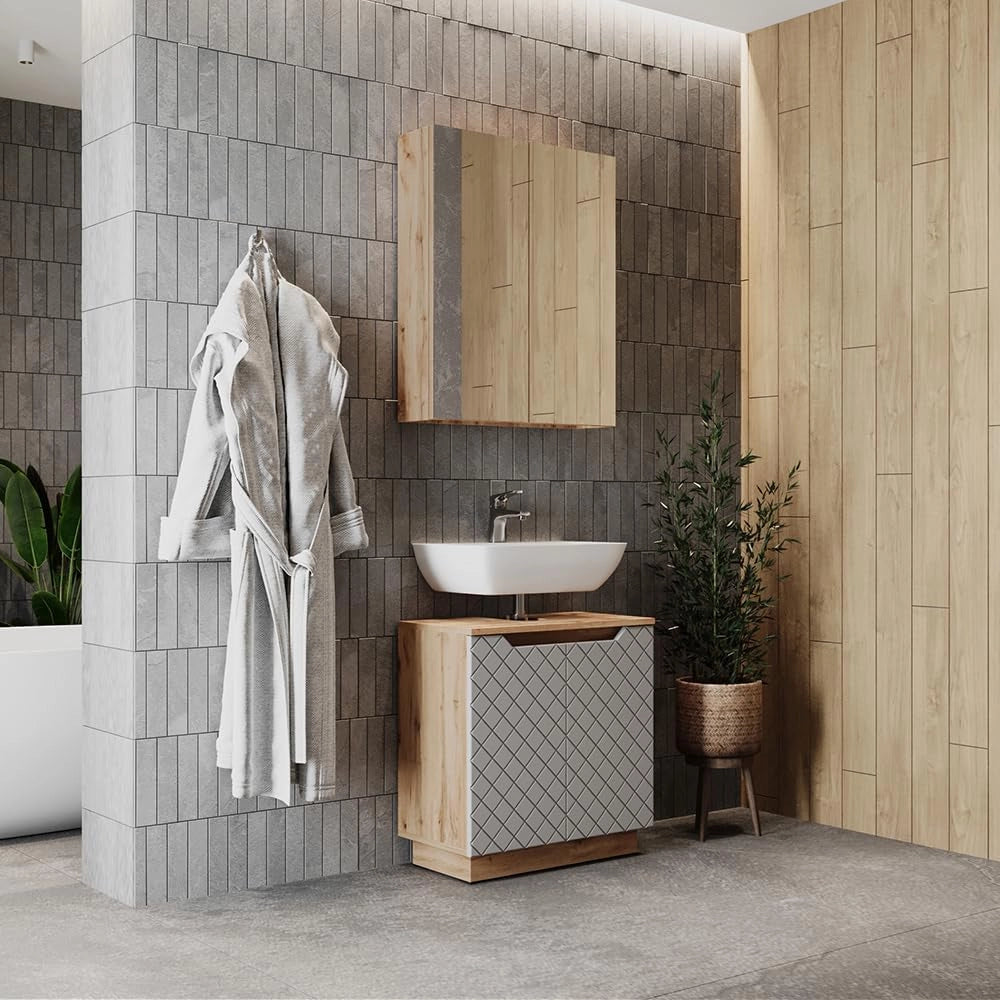 Set di mobili da bagno Lotta, Rovere/grigio con struttura in piastrelle, 2 parti