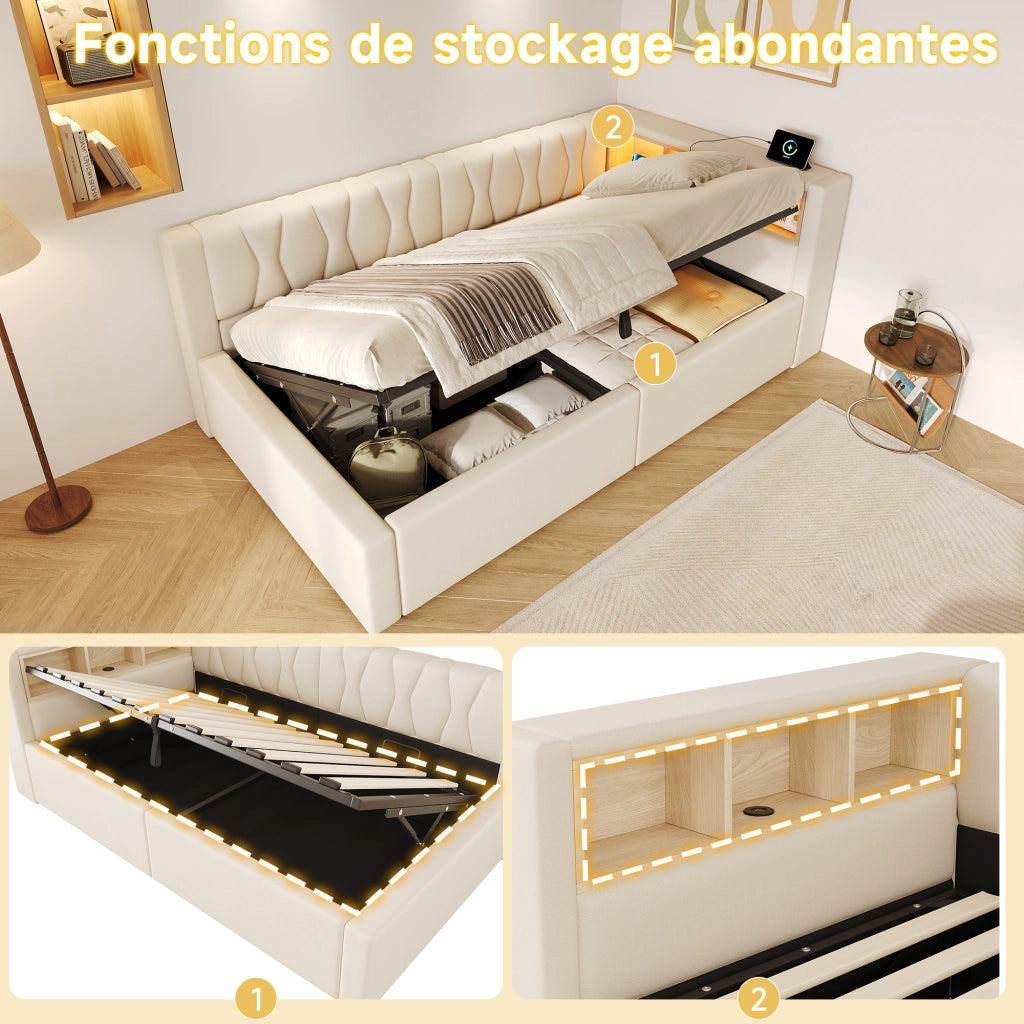Letto contenitore 90x200 cm con LED dimmerabile; testiera con ripiano e prese USB; beige