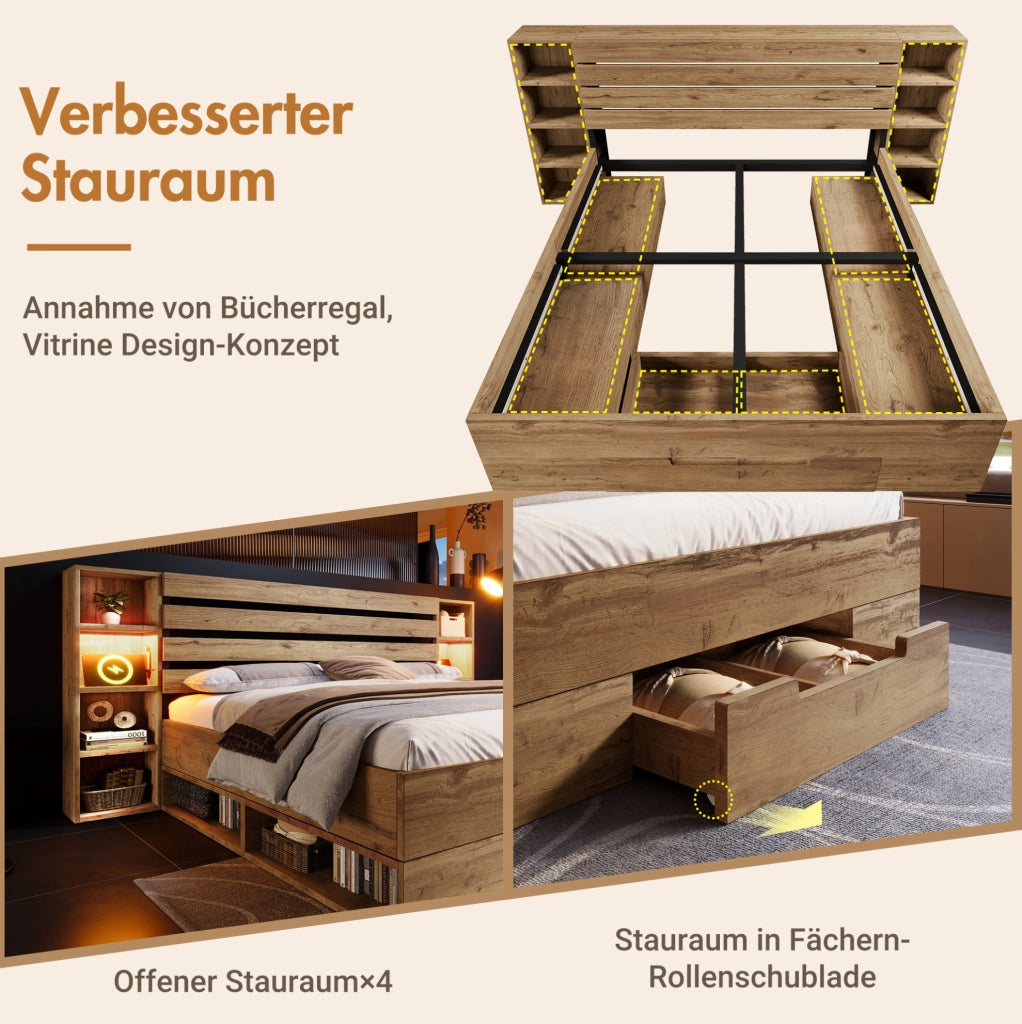 Letto matrimoniale 160 x 200 cm con LED, USB, cassetti e materasso