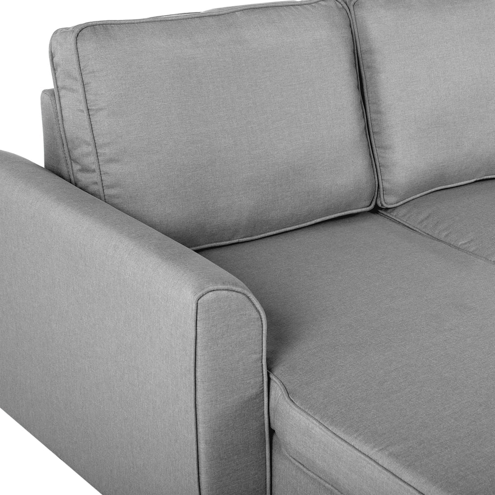 Divano letto ad angolo imbottito in tessuto grigio con orientamento a versione destra con letto contenitore