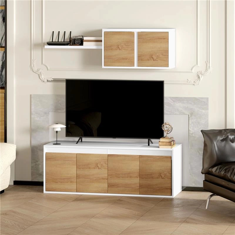 SET MOBILE TV E ARMADIETTO A MURO CON 7 RIPIANI E SCAFFALE APERTO IN LEGNO 120X41X43.3 CM BIANCO E COLOR LEGNO