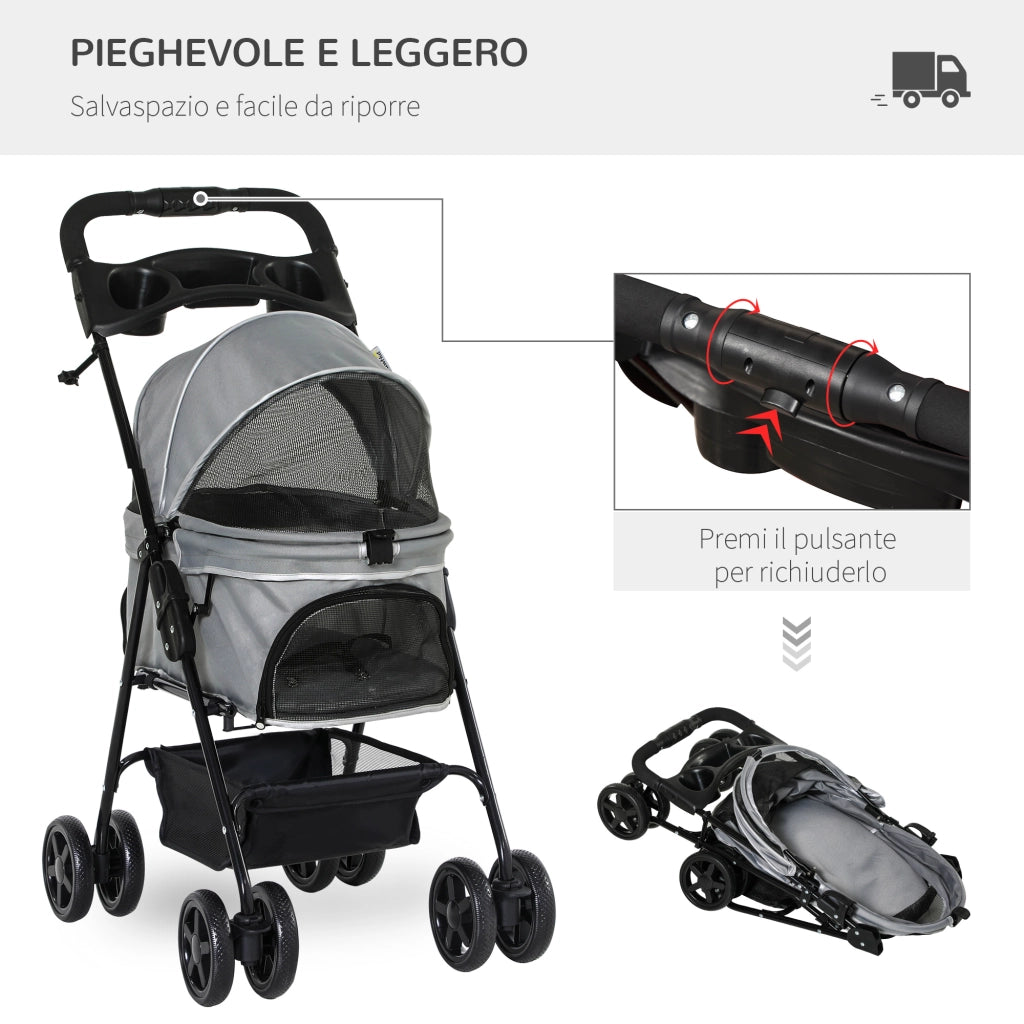 EasyComfort Passeggino per Cani Pieghevole con Guinzaglio di Sicurezza e Cestino Portaoggetti, Grigio
