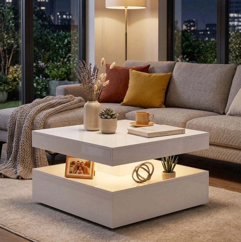 Tavolino da caffè 89.0x89.0x14.0 cm con LED RGB a 7 colori; ripiano aperto; pannello di fibra; bianco lucido