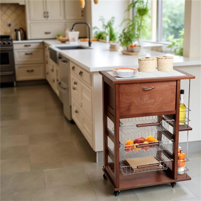 CARRELLO VESUVIO PORTAPANE+PORTABOTTIGLIE NOCE IN FAGGIO BASE INFERIORE MULTISTRATO DI BETULLA 1 CASSETTO 3 CESTELLI PIANO MATTONELLE IN CERAMICA