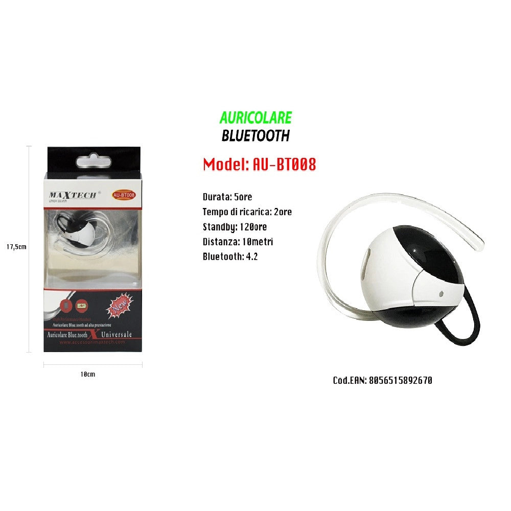 Trade Shop - Maxtech Auricolare Bluetooth 4.2 Au-bt008 Universale Cuffia Per Cellulare Smartphone -