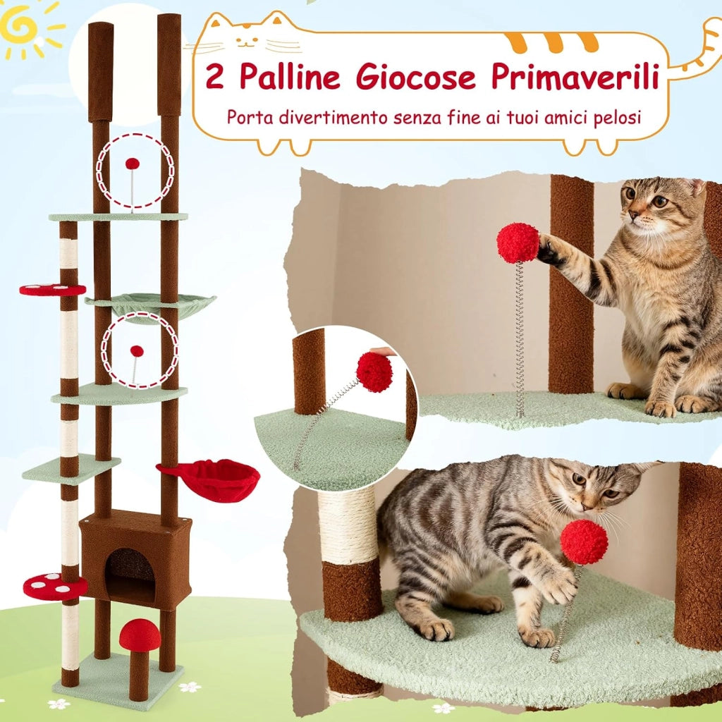 Albero per Gatti da Pavimento a Soffitto, Tiragraffi per Gatti a Forma di Fungo con Altezza Regolabile, Condo, Amaca, Cestino Sospeso Ruotabile, Tiragraffi in Sisal e 2 Palline a Molla