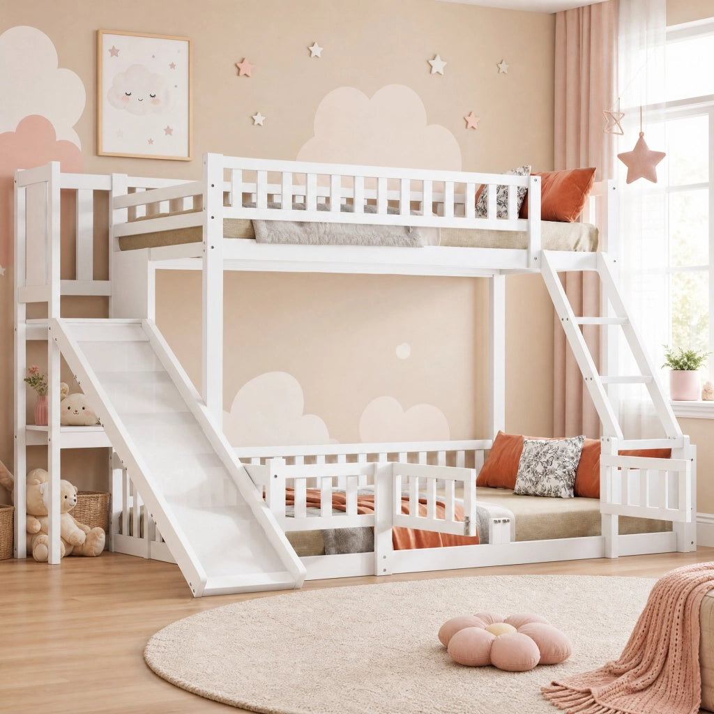 Letto a castello 140x200 con scivolo, scale e ripiani, bianco