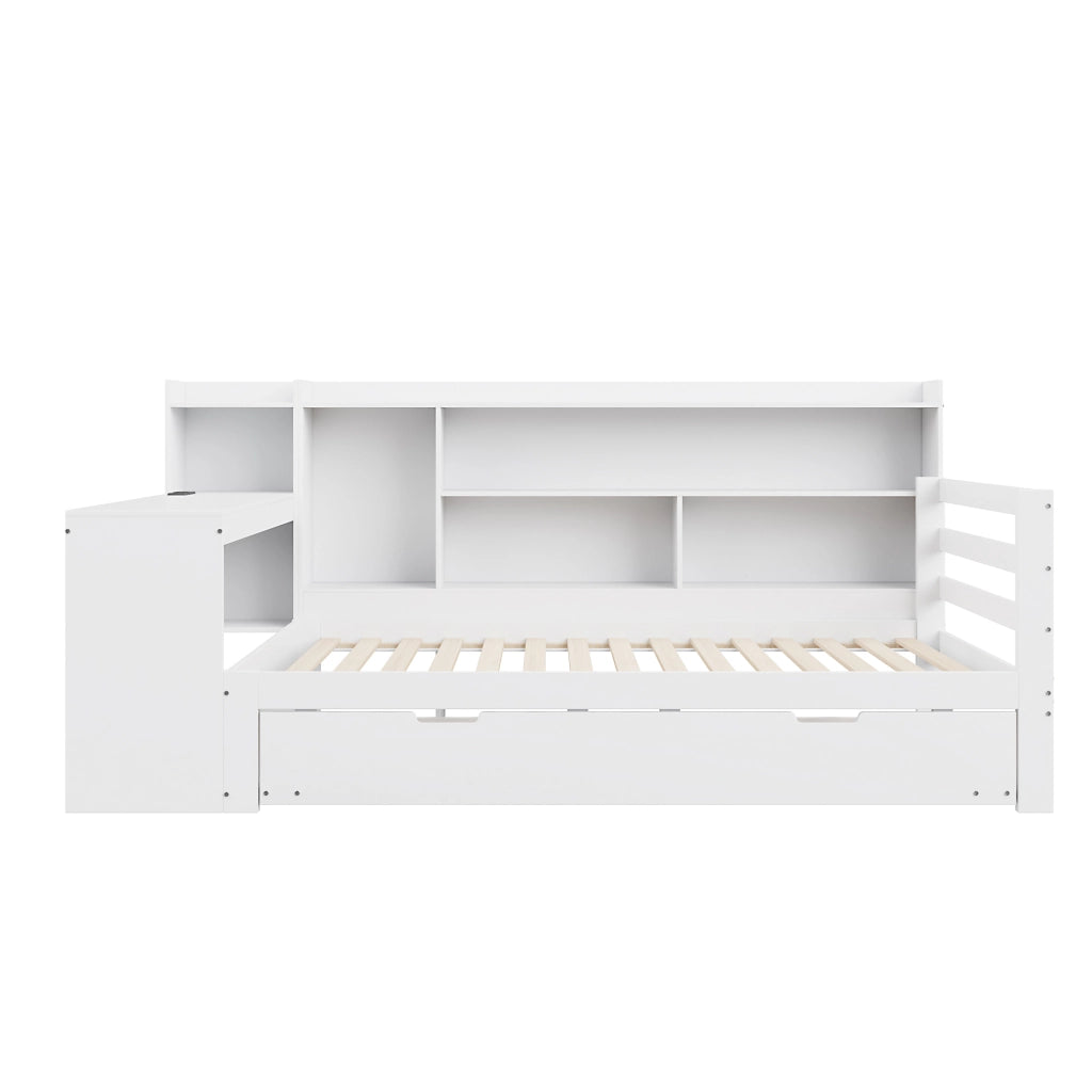 LETTO multifunzione 90x200 cm in legno massello bianco con scrivania e scaffali