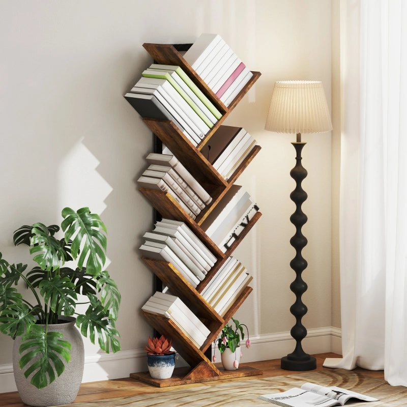 Libreria a forma di albero con 9 ripiani, struttura slim in legno, colore Rustic Brown