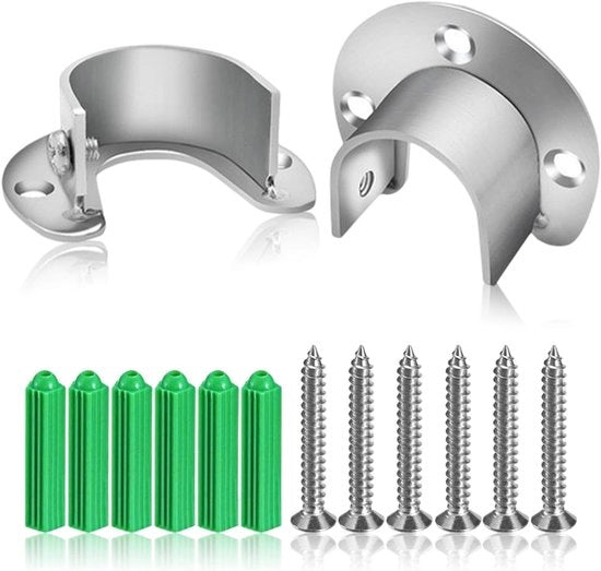Set di supporti per stanghe di abbigliamento a forma di U in acciaio inossidabile da 25 mm - Set di 2 - Supporto per corda a forma di U da parete con 6 viti - Per armadi balconi e bagni