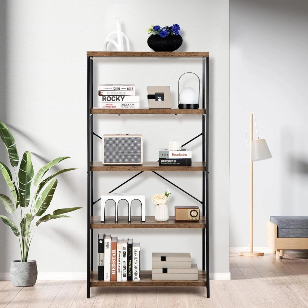 Libreria a 5 Piani, Scaffale Industriale in Legno con Struttura in Metallo, Aste di Sostegno a X Dispositivo Antiribaltamento, per Soggiorno Ufficio, 79x35x160 cm (Marrone)