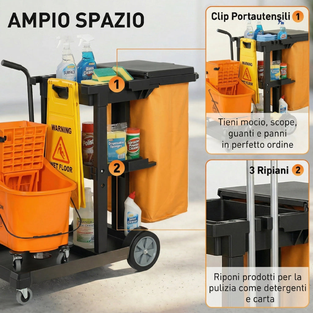 Carrello Pulizie con Ruote, 3 Ripiani e Sacco 70L ¨C zephmum ¨C con Secchio e Strizzatore