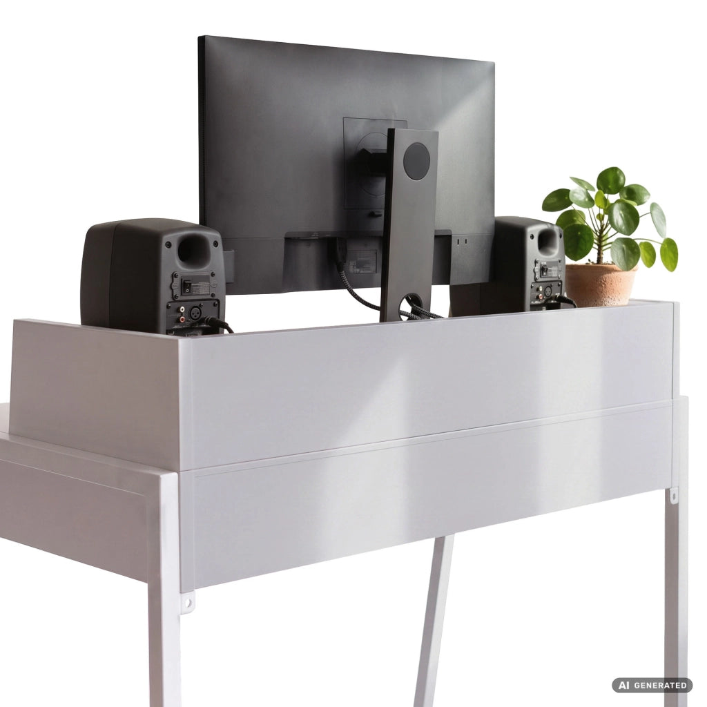 Scrivania industriale per computer Bianca FLUX 78 cm 2 cassetti 1 ripiano gambe bianche
