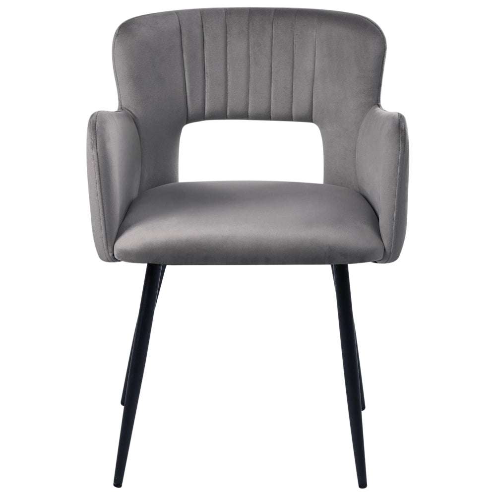 Set di 2 sedie da pranzo velluto grigio braccioli schienale intagliato gambe in metallo moderna industriale