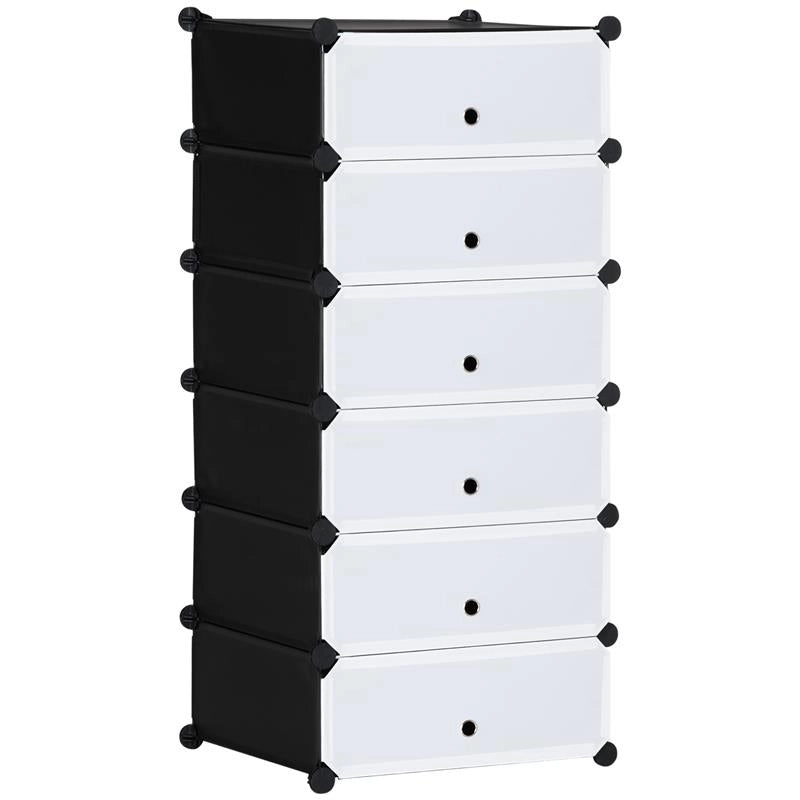 SCARPIERA MODULARE SALVASPAZIO CON 6 SCATOLE IN PLASTICA PP E ACCIAIO, 49X36.5X108 CM, NERO E TRASPARENTE