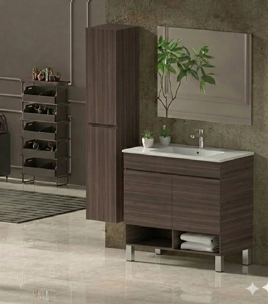 Mobile Bagno NEBARI com gambe Già Montato 2 portas, lavabo e specchio Frassino tea 50x40 cm con colonna