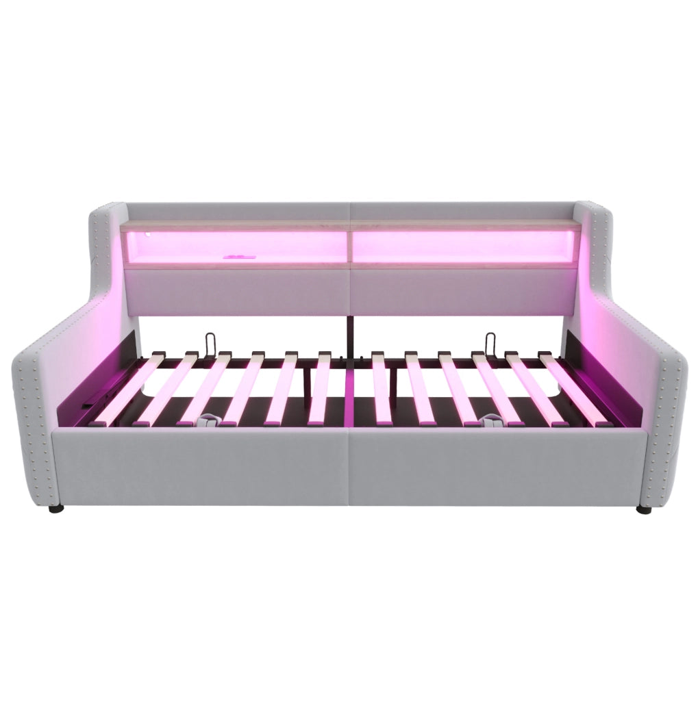 Divano letto ULEVR 90x200 cm con contenitore idraulico, LED, presa USB e Type-C, velluto grigio chiaro