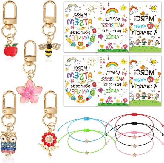 Regalo di fine anno per insegnante: bracciale e chiave con design uccello e mela - Diploma e busta - Disegno fiori e stelle
