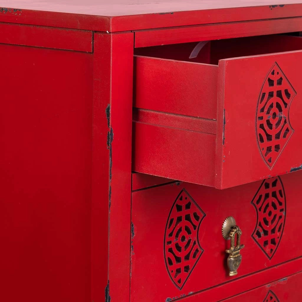 Mesita de madera con 3 cajones rojo 45x36x70