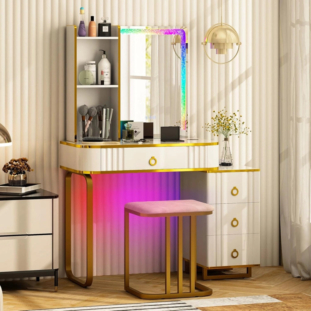 Tavolo da toeletta con sgabello, tavolo da trucco con specchio, strisce LED RGB, bordo specchio diamantato, 7 modalità LED dinamiche e 7 statiche, tavolo per acconciature con caricatore e vari