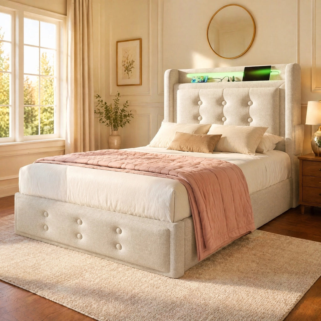 LETTO 90x200 cm Beige in cotone-lino con LED, prese, USB e Type C