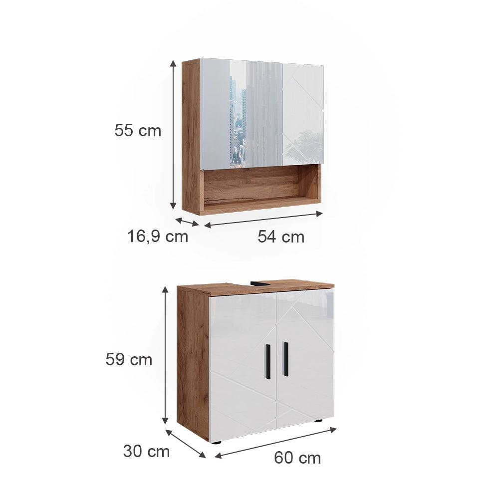 Vicco Set di mobili da bagno Bianco lucido/oro power oak 2 parti, mobile base 60 cm