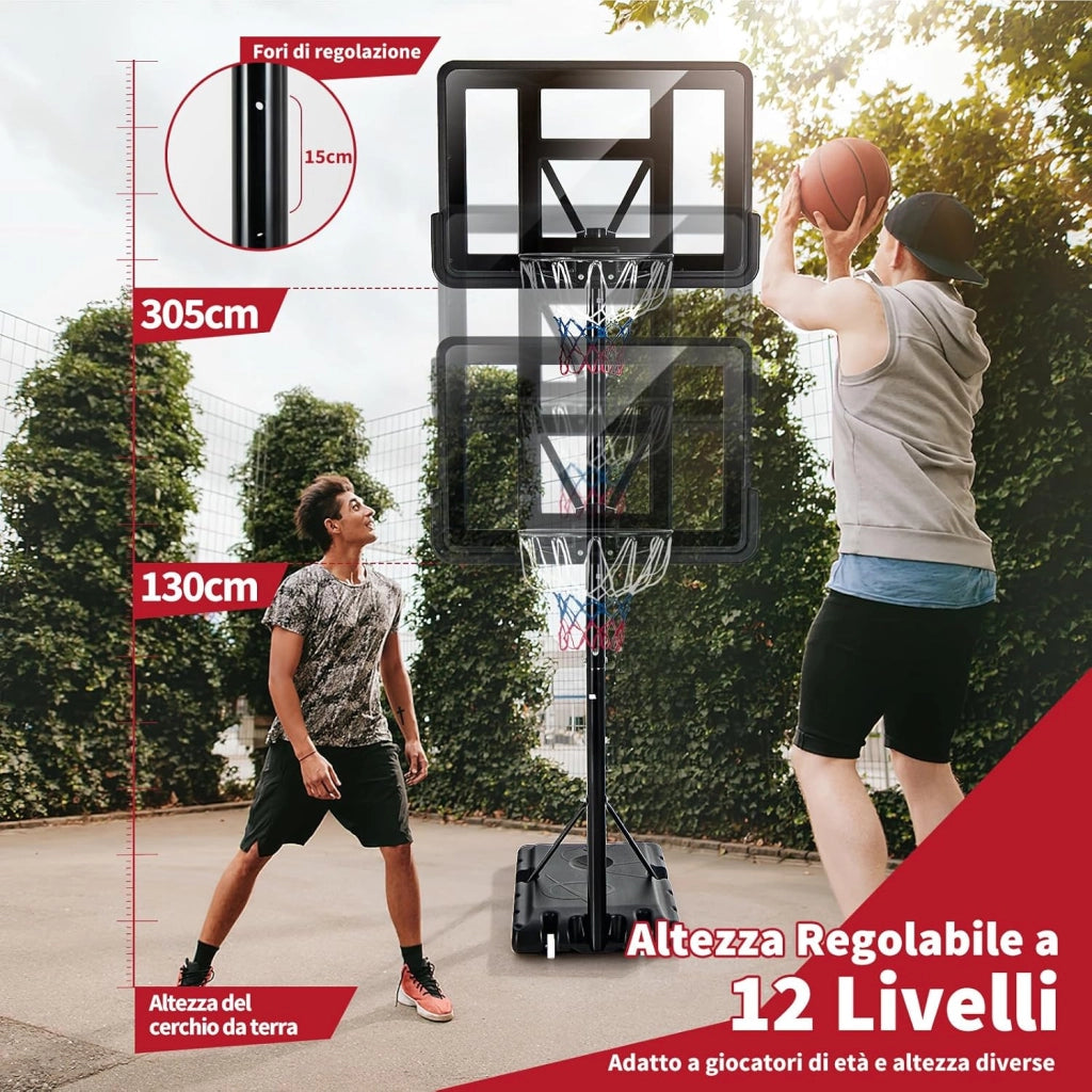 Canestro da Basket Portatile per Adulti, Canestro Basket Regolabile in Altezza 1,3M-3,05M con Ruote Tabellone Infrangibile e Retina Durevole, Adatto a Interno Esterno, Nero