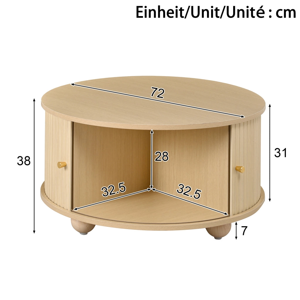 Tavolino da salotto rotondo 72x72x38 cm in MDF naturale con ante scorrevoli