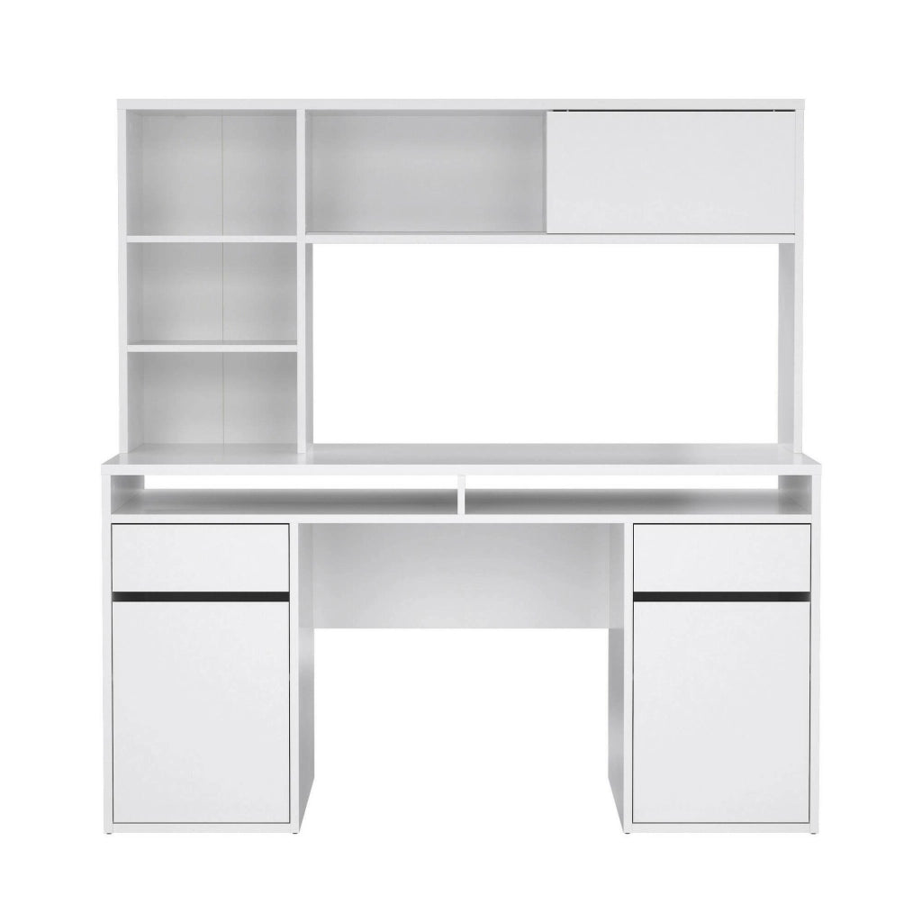 Scrivania Ambrenti, Scrittoio multiuso, Tavolo per ufficio porta PC, Piano di lavoro, 149x48 h156 cm, Bianco lucido