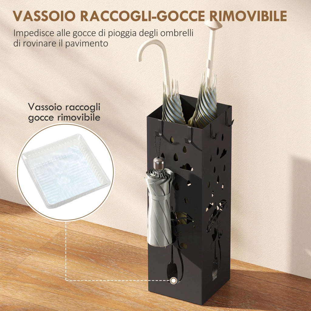 Portaombrelli con Vassoio e Ganci ¨C zephmum ¨C Nero, Metallo, 15.5x15.5x49 cm
