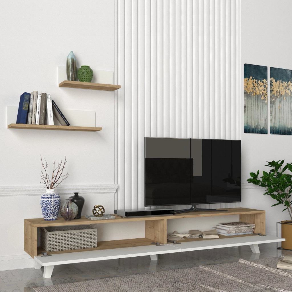 Set di Mobile TV e 2 Mensole da Muro Armadietto Porta TV 180 cm con 2 Ante a Ribalta e Mensole a Forma di L Lunghezze Diverse - Effetto Rovere / Bianco [en.casa]