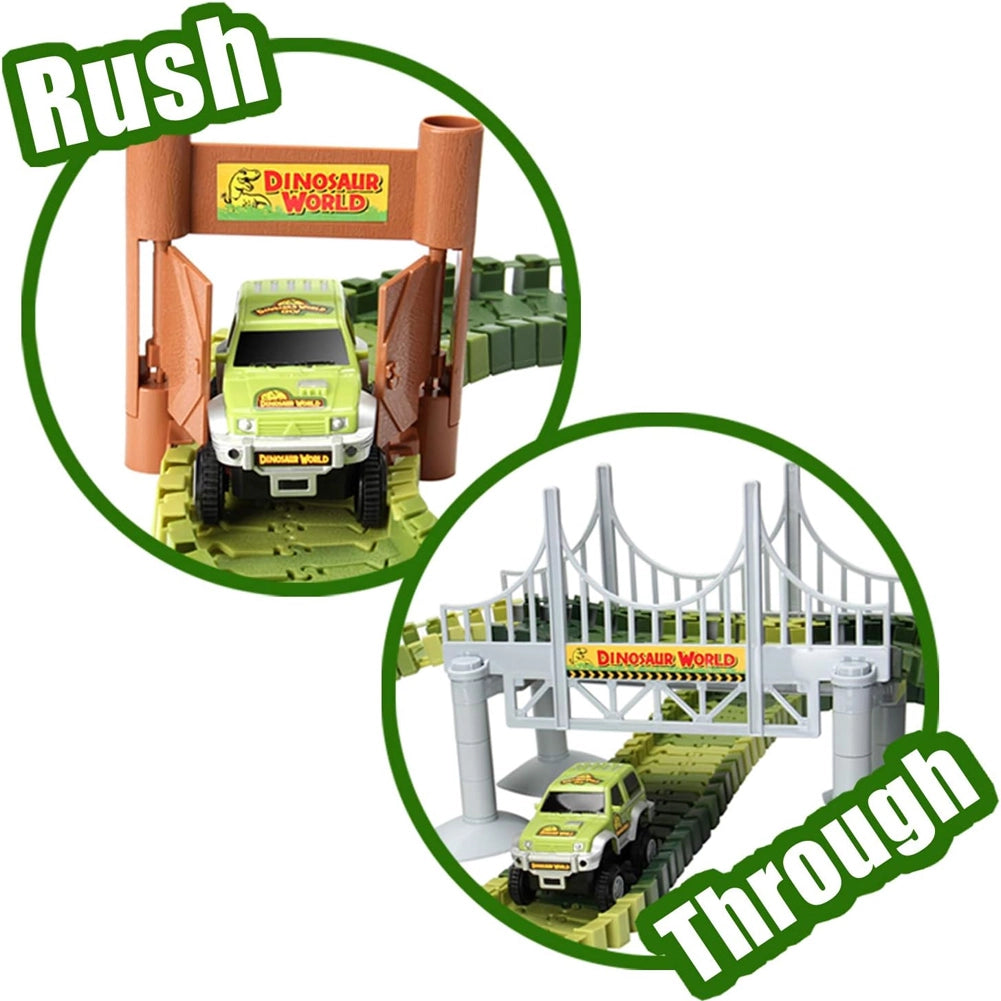 Playset Pista Macchinine Flessibili Parco dei Dinosauri Gioco con T-Rez 144 Pz