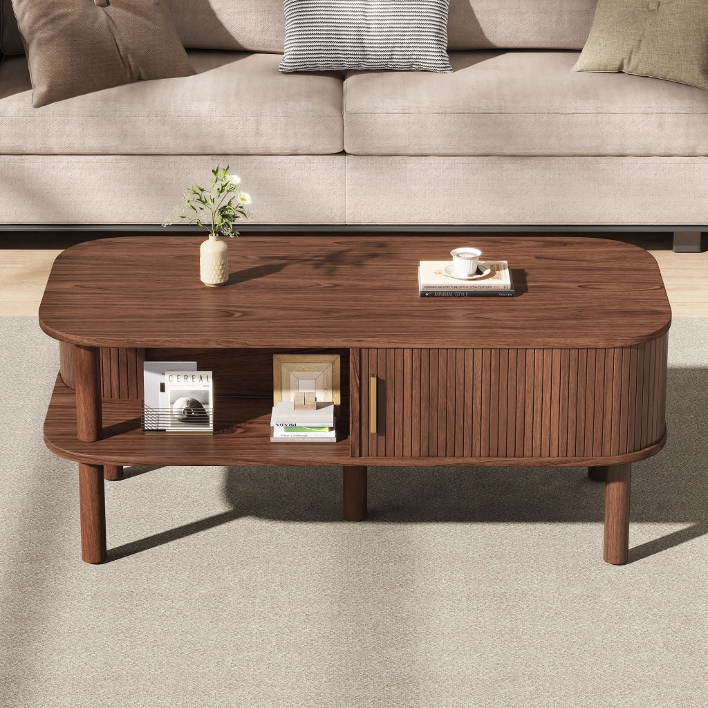 Tavolino da caffè scandinavo 110x55x45 cm con porta scorrevole; effetto noce; MDF