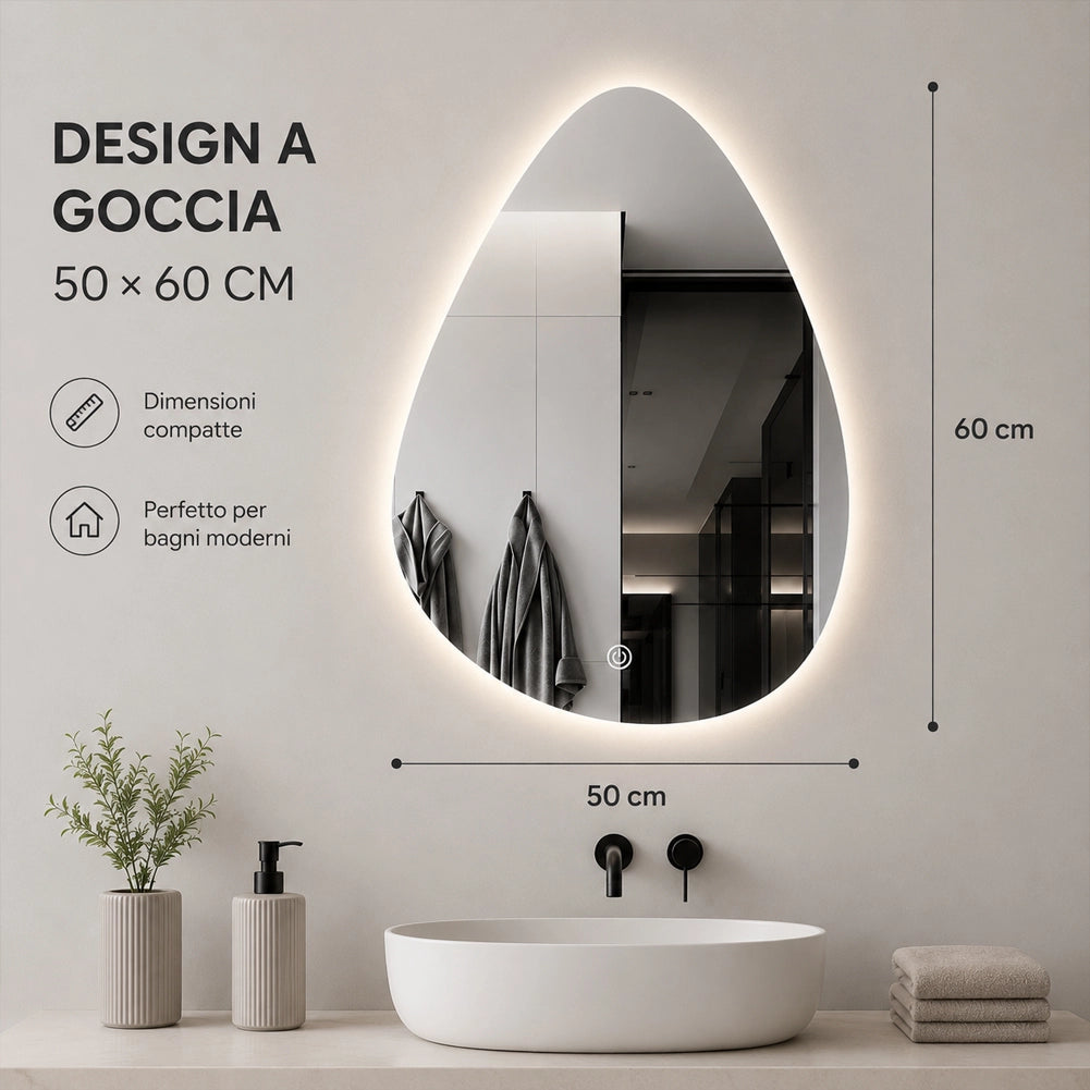 Specchio a Goccia Diametro 50x60 cm Led a 3 Colori Dimmerabile Accensione Touch