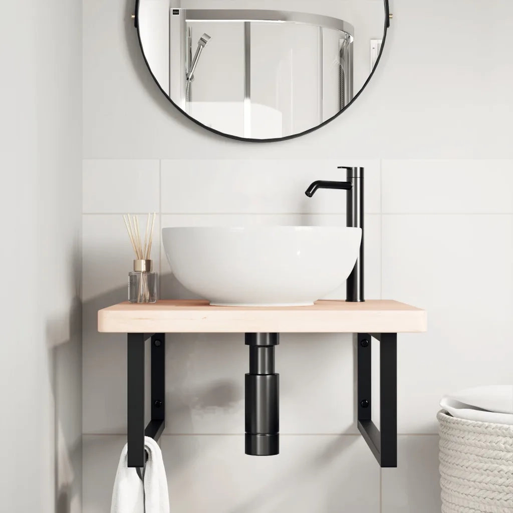 Ripiano a Parete per Lavabo in Acciaio e Massello di Rovere 3302469