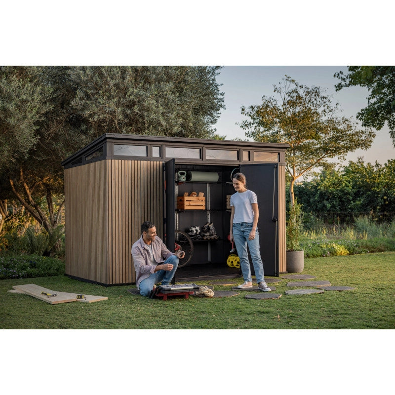 Casetta da giardino in resina effetto legno EVOTECH+ 342x218 cm - pavimento e doppia porta - carico neve 150 kg/m² – Pent 11x7 Signature Venetian - Keter