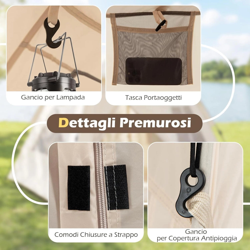 Tenda da Campeggio per 3-4 Persone, Tenda da Spiaggia Protezione Solare con Copertura Antipioggia Rimovibile, 2 Porte, 4 Finestre Traspiranti e Borsa per il Trasporto, Facile Installazione