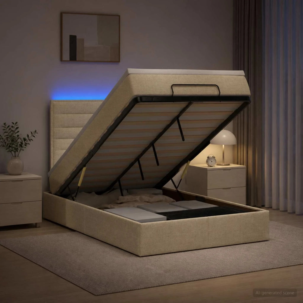 Letto Ottomano con Materasso e LED Crema 120 x 190 cm Tessuto 3457977